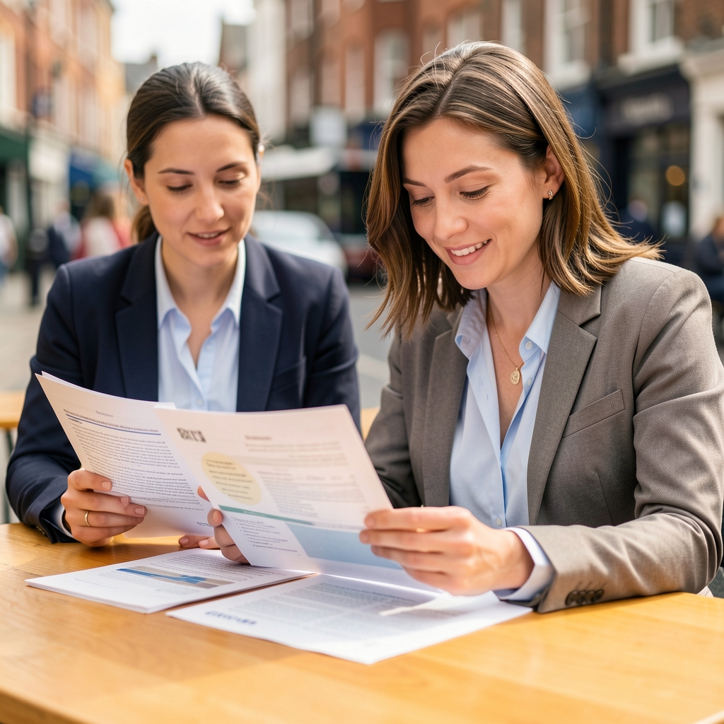 Two health editors reviewing printed nutrition research at a bright wooden table in London