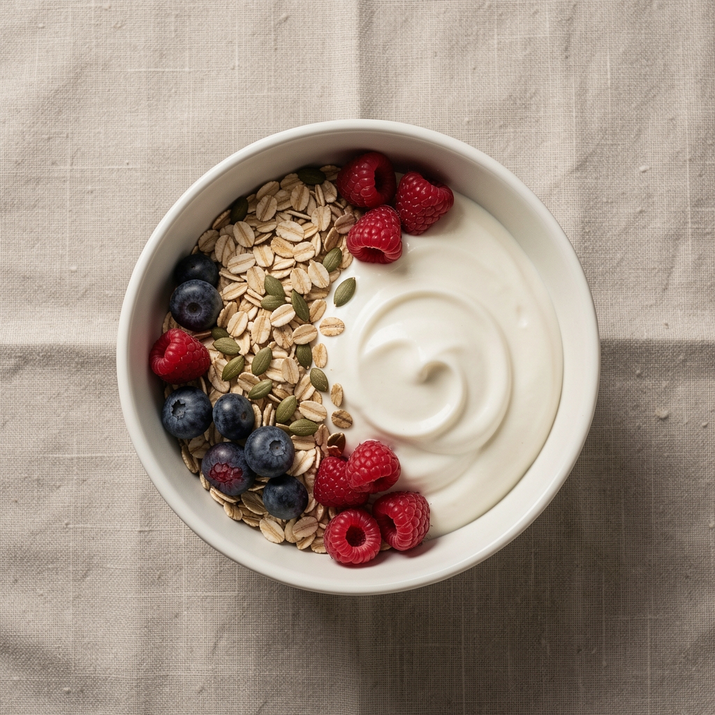 Overhead view of a fibre-rich breakfast bowl with oats, berries, seeds and plain yoghurt on a linen table