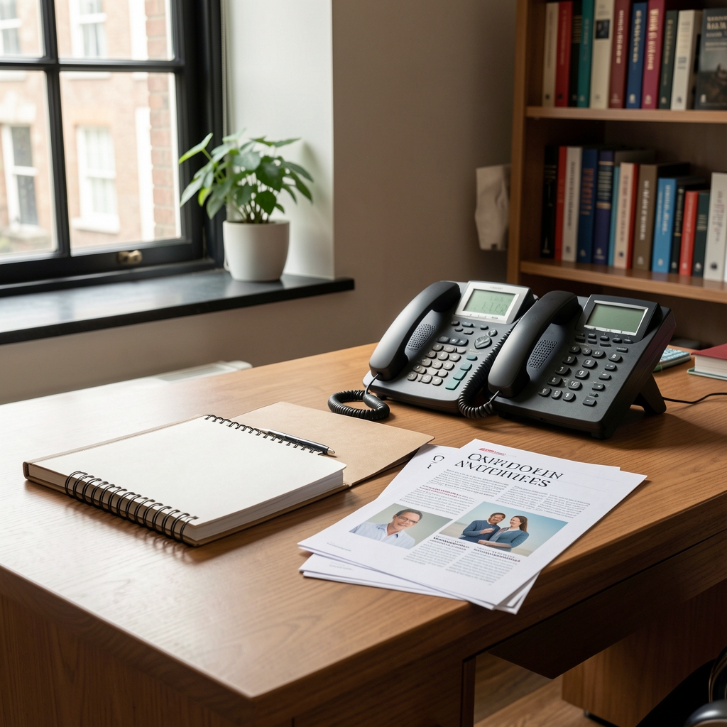 Calm editorial desk with notebook, telephone and printed health articles in a London office