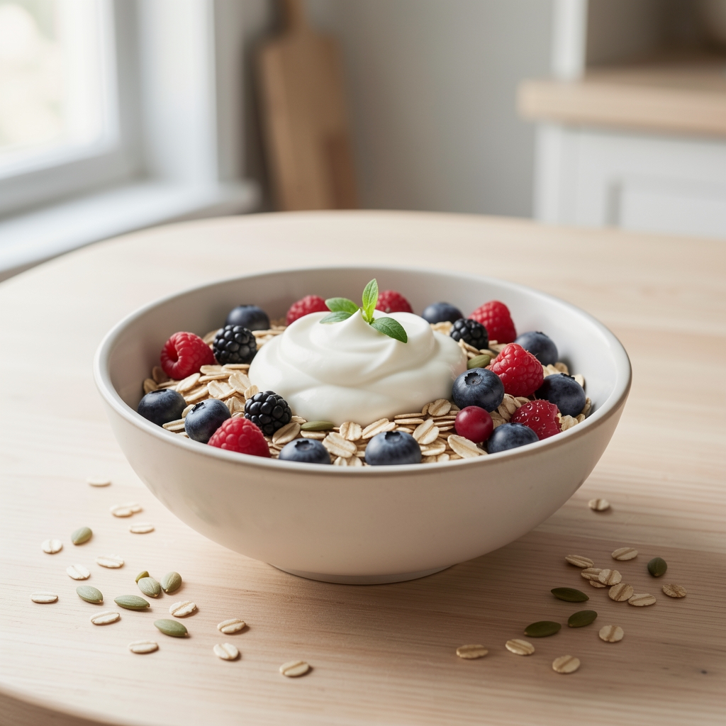 Fibre-rich bowl with oats, berries, seeds and plain yoghurt on a light kitchen table