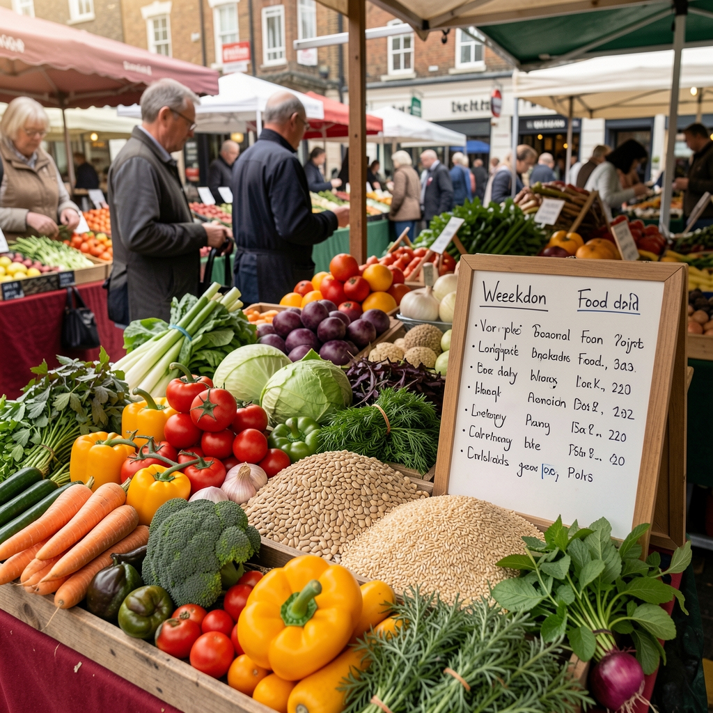 Colourful vegetables, grains and herbs arranged with a handwritten weekly food plan at a London market stall