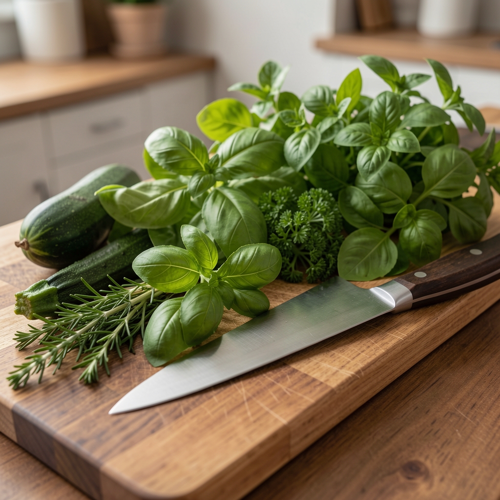 Fresh green vegetables and herbs arranged on a wooden kitchen worktop beside a chef’s knife