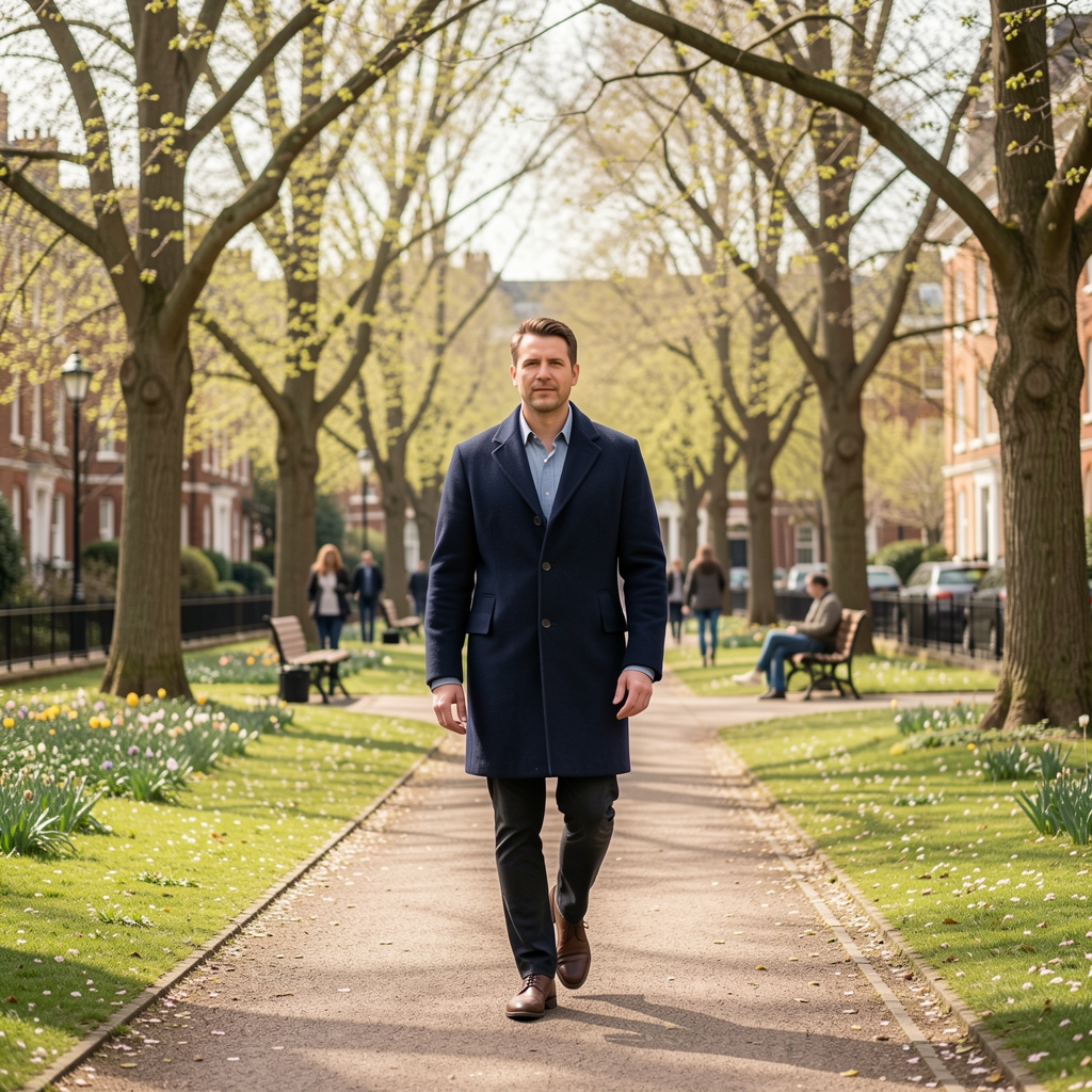 Man walking through a leafy London park in early spring wearing a navy coat