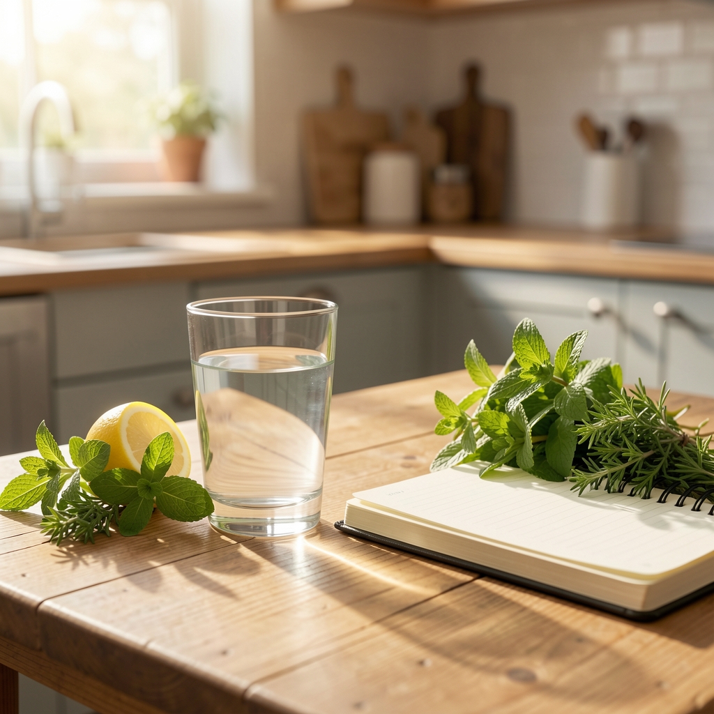 Clear glass of water with lemon beside fresh herbs and a notebook on a sunlit kitchen table