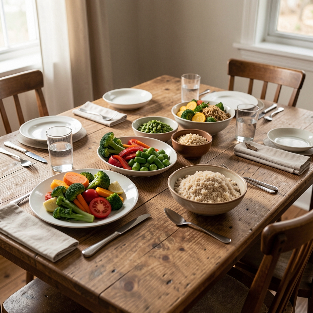 Balanced family-style meal on a wooden table with vegetables, grains and simple place settings