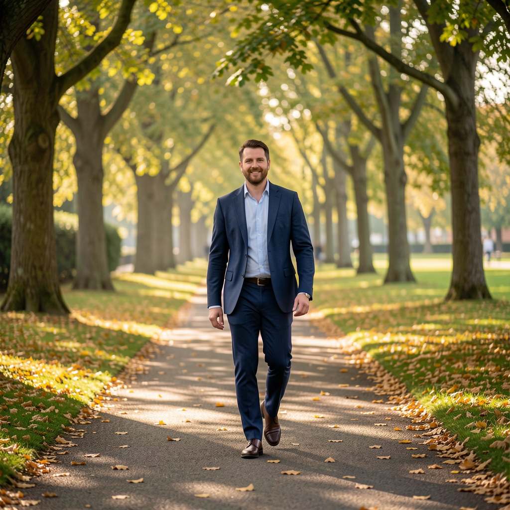 Man walking along a leafy London park path in soft morning light