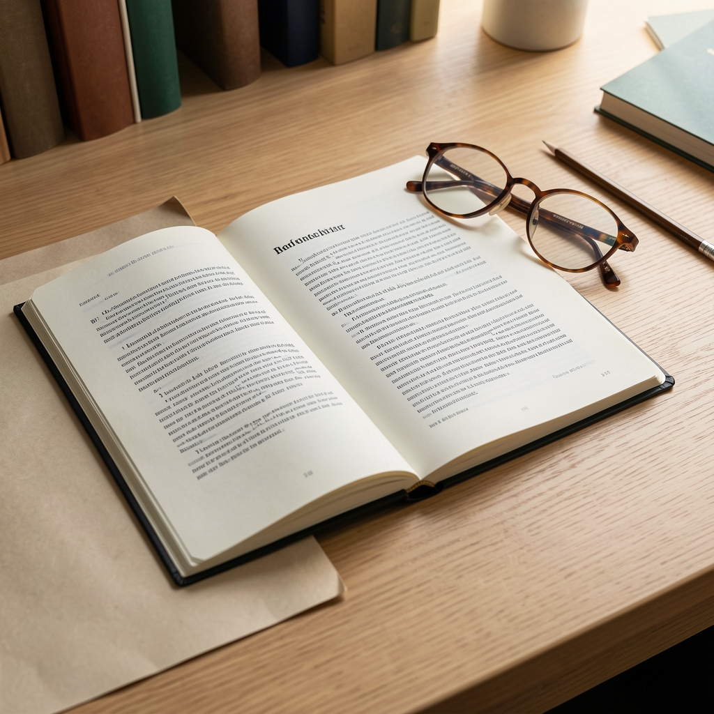 Open research notebook beside printed study pages, spectacles and a pencil on a calm editorial desk