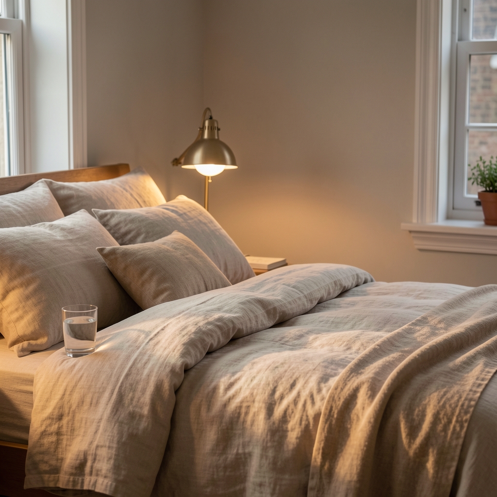 Quiet bedroom with natural linen bedding, reading lamp and a glass of water in evening light