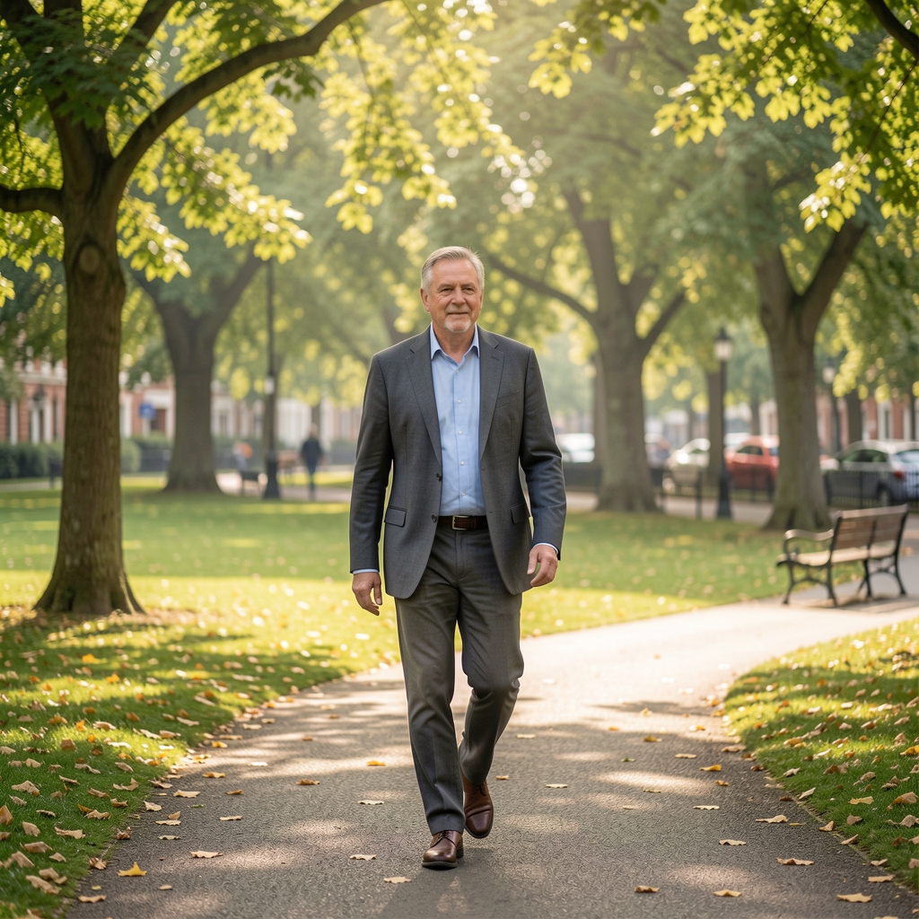 Middle-aged man walking through a leafy London park after a balanced meal, photographed in soft morning light